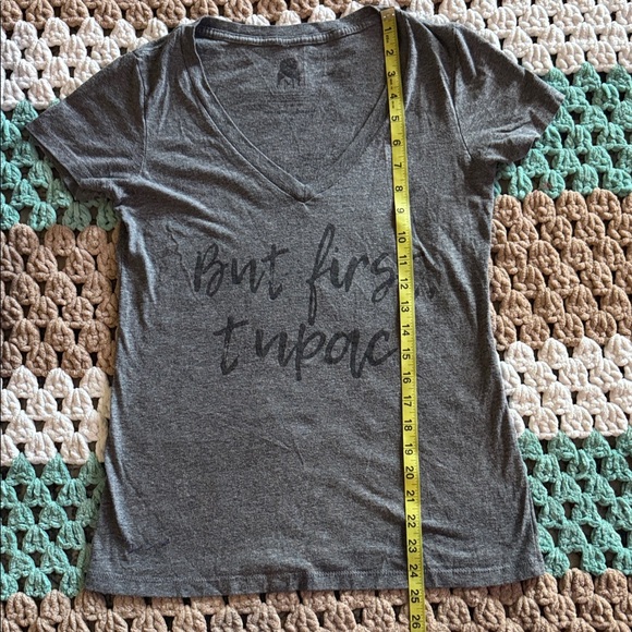 Gray But First Tupac V-Neck Graphic Tee Shirt Fitted Top Womans sz Medium - Picture 4 of 5